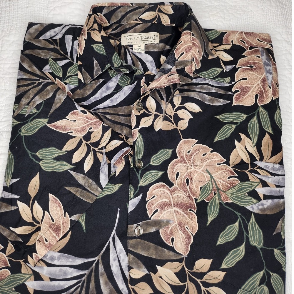 Tori Richard Mens Med Honolulu Aloha 100% Cotton Lawn Hawaiian Palm Leaf Shirt - Picture 1 of 8